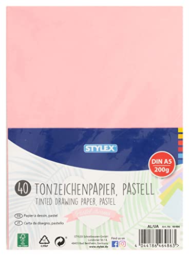 Stylex 46486 - Tonzeichenpapier, DIN A5, pastell, 200 g/m² Papier, in 5 verschiedenen Pastell-Farben, 40 Blatt von Stylex