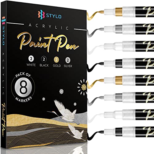 Stylo 8 Stück Metallic Marker Stifte Set – Weiß, Schwarz, Gold und Silber, Permanente Acrylmarker, Stift für Glas, Keramik, Steinmalerei, Kunsthandwerk für Erwachsene von Stylo