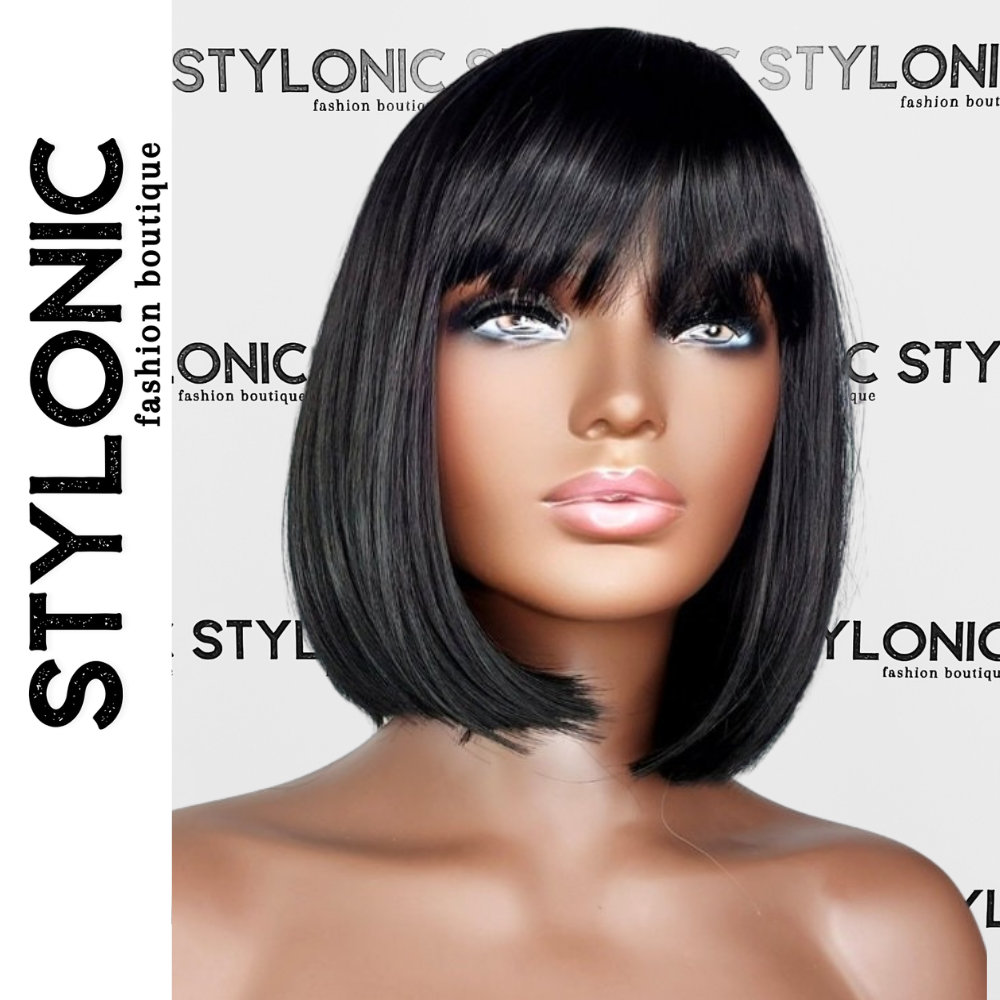 Jet Schwarze Bob Perücke, Stumpfer Pony, Kurze Synthetik, Halloween Cosplay Kostüm-Perücken Für Frauen 12 Zoll von StylonicWigs