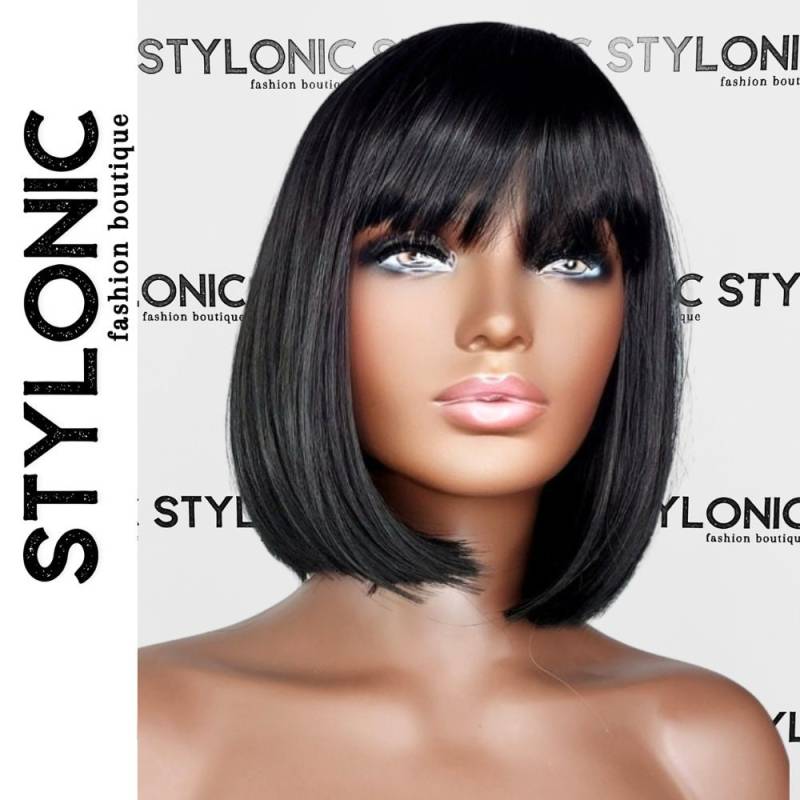 Jet Schwarze Bob Perücke, Stumpfe Pony, Kurze Synthetik, Halloween Cosplay Kostüm Party Fun Perücken Für Frauen von StylonicWigs