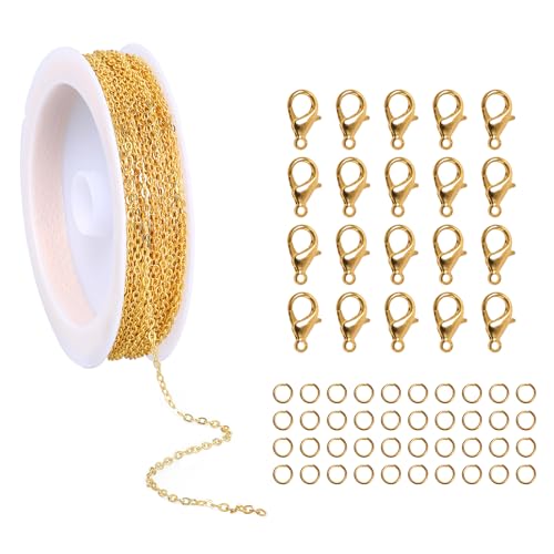 2 Stück 5m Schmuckkette Gliederkette Meterware Golden Gliederkette Schmuckherstellung Zubehör Kit Kettenband mit 40 Karabinerverschluss 80 Biegeringe Ketten Selber Machen Set für Schmuck Basteln DIY von Styquenzer