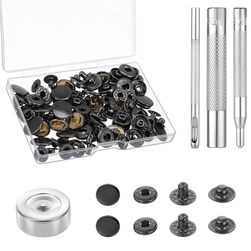 24Sets Leder Druckknöpfe Set, 15mm Metall Druckknöpfe Metall Leder Druckknöpfe Kit mit 4 Druckknopf-Installationswerkzeugen Robuster Leder Druckknopf für Kleidung, Hüte, Jacken, Jeans, Canvas (Schwar) von Styquenzer