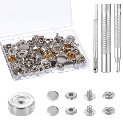 24Sets Leder Druckknöpfe Set, 15mm Metall Druckknöpfe Metall Leder Druckknöpfe Kit mit 4 Druckknopf-Installationswerkzeugen Robuster Leder Druckknopf für Kleidung, Hüte, Jacken, Jeans, Canvas (Silber) von Styquenzer