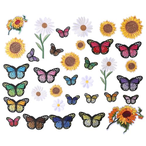 35 Stück Blumen Bügelbilder Sonnenblumen Gänseblümchen Schmetterling Patches bestickte Applikation Dekoration Nähen Flicken große Größe niedliche Vintage Patches für Kleidung Taschen Caps Jeans Jacken von Styquenzer