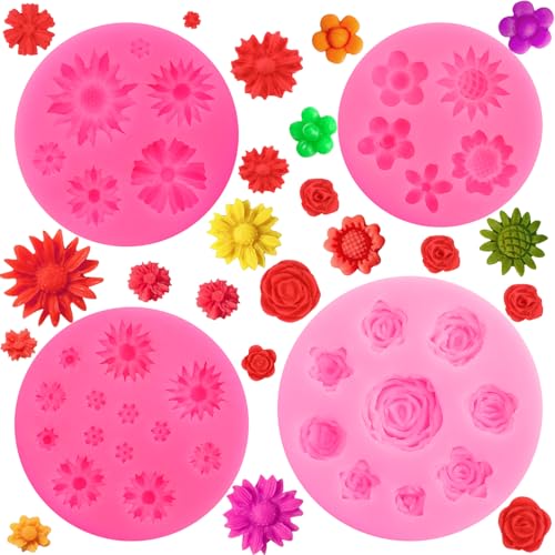 3D Blume Silikon Seifen Form, 4 Stücke Blumen Silikonformen Blume Fondant Form Rosen Silikonformen Fondant Blume Blühen Rose Form Für Kuchen Gänseblümchen Blumen Schmetterling Blätter Sonnenblume von Styquenzer