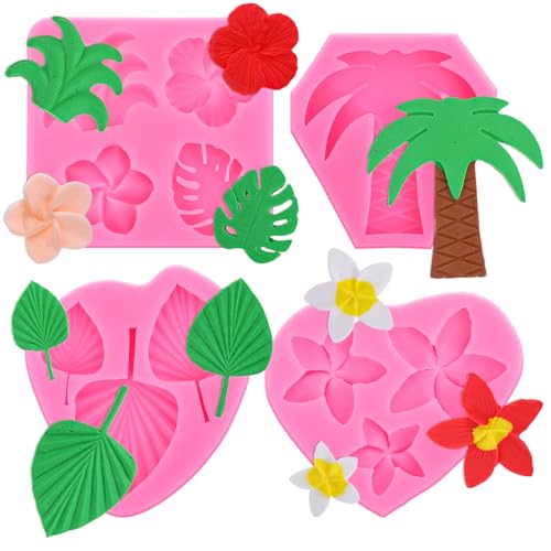 4 Stück Silikonformen, Tropische Blumenblattform Fächerblatt Fondantform Hibiskusblüte Palmblatt Plumeria Silikonformen, Silicone Mold für Selbstgemachte Schokolade Süßigkeiten Cupcakes von Styquenzer