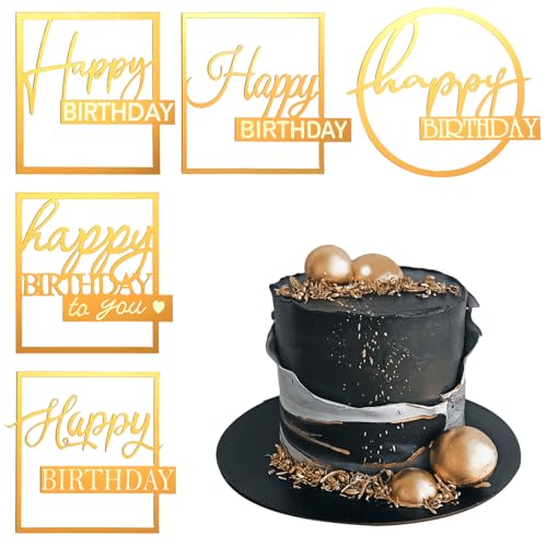 5 Stück Happy Birthday Tortendeko Set Geburtstag Kuchen Deko Happy Birthday Cake Topper Acryl Glitter Cupcake Topper Spiegel Gold Acryl Tortenaufleger für Mädchen Jungen Frauen Mann von Styquenzer