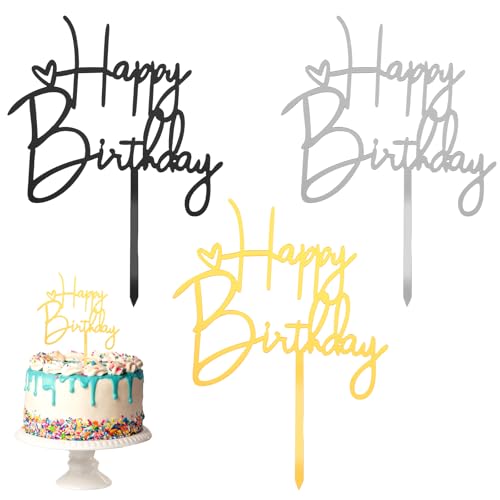 Happy Birthday Cake Toppers, 6 Stück Acryl Cake Toppers Sticks Happy Birthday Cupcake Topper Schild Schwarz/Silber/Gold Happy Birthday Cake Topper Picks für Frauen Mädchen Geburtstag Party Kuchen von Styquenzer