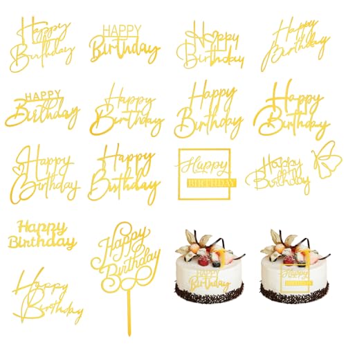 Happy Birthday Tortendeko, 15 Stück Gold Happy Birthday Cake Topper Acrylic Buchstaben für Torte Happy Birthday Torten Deko Buchstaben Kuchen Deko Cake Decoration für Birthday Queen Hochzeit Jubiläum von Styquenzer