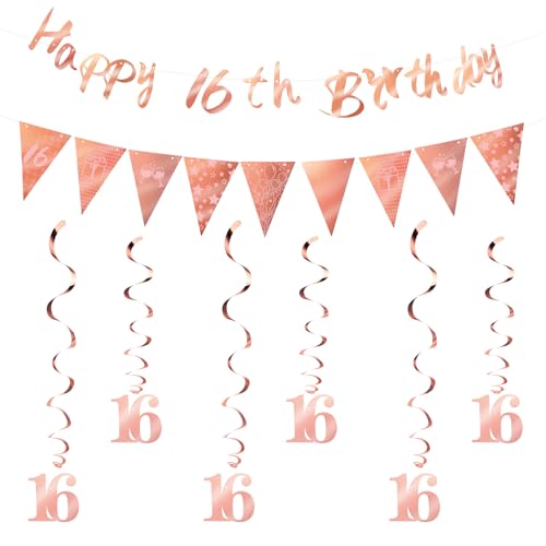 Roségoldene Dekoration zum 16. Geburtstag für Mädchen, Happy 16th Birthday Banner Dreiecksflagge Sweet 16 Party Dekorationen Wimpelkette Wirbel fabelhafte Party Hintergrund Zubehör für Mädchen Cheers von Styquenzer