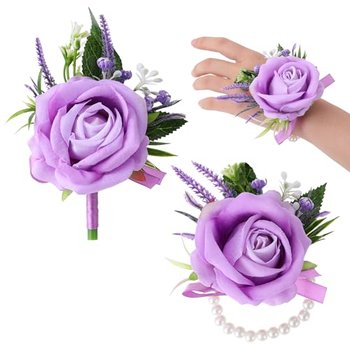 Styquenzer 2 Stück Blume Handgelenk Corsage Boutonniere Set Rose Lila Handblume Handgelenk Corsage und Herren Ansteckblume Hochzeit Blumen Accessoires für Hochzeiten Abschlussbälle Brautpartys von Styquenzer