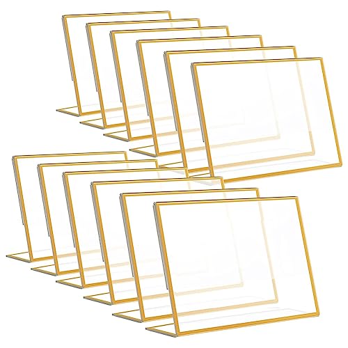 Stytpwra 12 Stück Gold Rahmen Acryl Sign Holder Hochzeit Tischnummernhalter Slanted Menühalter doppelseitig 4 x 6 Zoll Horizontal von Stytpwra