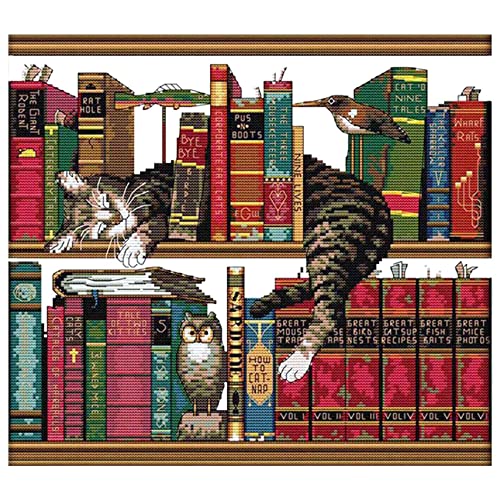 Stytpwra DIY Kreuzstich-Zählmuster-Set, Handarbeit, 14 Karat, Katze auf Regal, Stickmuster, 40 x 36 cm, Dekoration von Stytpwra