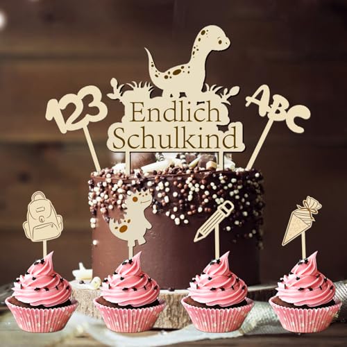 Schulkind Holz Tortendeko,Tortendeko Holz Einschulung, Cake Topper Einschulung, Holz Tortendeko Einschulung Schulanfang, ABC 123 Tortenaufsätze für Mädchen Junge (Dinosaurier) von Suaflny