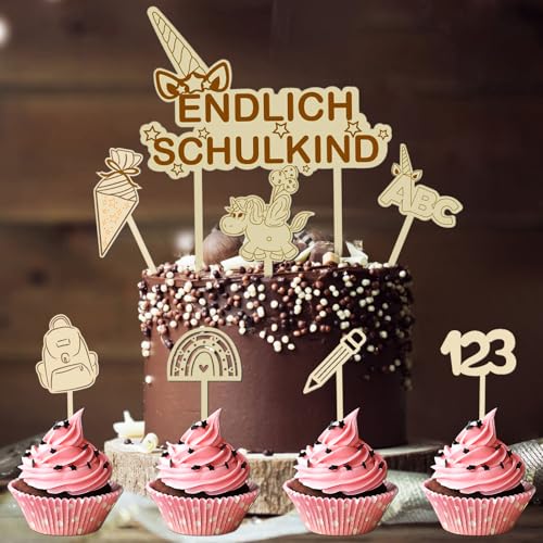 Schulkind Holz Tortendeko,Tortendeko Holz Einschulung, Cake Topper Einschulung, Holz Tortendeko Einschulung Schulanfang, ABC 123 Tortenaufsätze für Mädchen Junge (Einhorn) von Suaflny