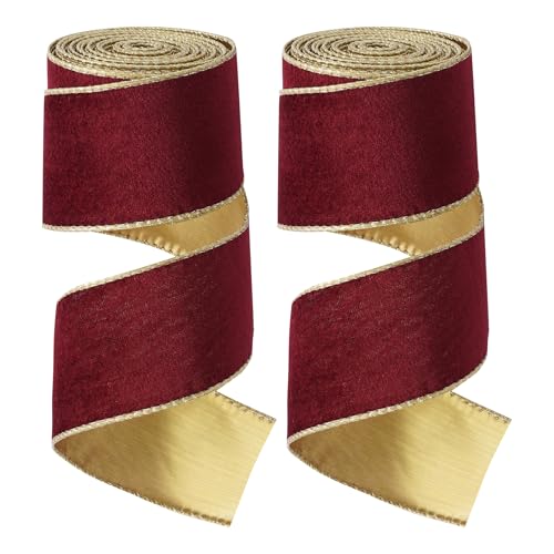 Sucrain 2 Rollen weinrotes Samtband mit Drahtband, Weihnachts-Samtband mit Eisen-Drahtrand, rotgoldenes Samtband für Hochzeiten, Heimdekoration, Verpackung, Handwerk (6,3 cm x 9,1 m, insgesamt 20 m) von Sucrain