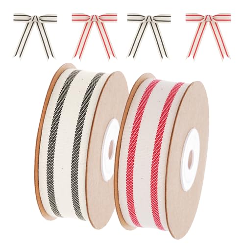 Sucrain Stoffband, 2,5 cm x 20 m, Rot und Weiß gestreiftes Band + schwarz-weißes Streifenband für Bastelarbeiten, Geschenkverpackungen, Blumenstrauß, Weihnachtsbaumdekoration (Rot + Schwarz) von Sucrain