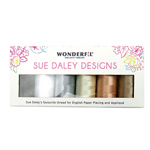 WonderFil Sue Daley Designs Neutrals Spezialfäden, 6 x 220 m Spulen, 2-lagig, 80 W, baumwollisiertes, weiches Polyester, seidenähnliches Faden, feines Nähen, englisches Papier, Nähen, Decobob von Sue Daley Designs