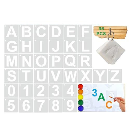 36 Stück Buchstabenschablonen Zahlen, wiederverwendbare PET-Schablonen zum Malen auf Holz, Wand, Stoff, Kreidetafel, Schild, Bastelprojekt, langlebige Malvorlagen von SueaLe