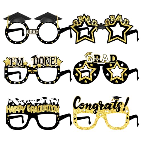 6PCS Creative Black And Gold Graduation Brille Mit Glitzerndem Design Für 2025 Feier Und Fotokabine Spaß von SueaLe