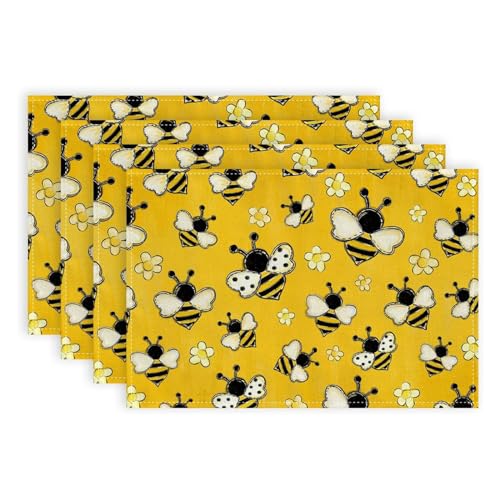 Platzsets mit Blumen-Bienen, für Esstisch, Frühlingsblumen, hitzebeständig, Leinen, Tischsets, Küche, Bauernhäuser, Heimdekoration, Bienen, Platzdeckchen, 4 Stück von SueaLe