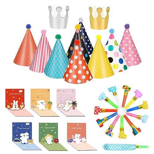 27 Stück Einladungskarten Kindergeburtstag Junge Mädchen Geburtstag Partyhüte Set,11x11cm Geburtstagseinladungen, Geburtstagshut Partyhütchen, Lufttröte Pfeife, für Kindergeburtstag, Party Einladung von Suevut