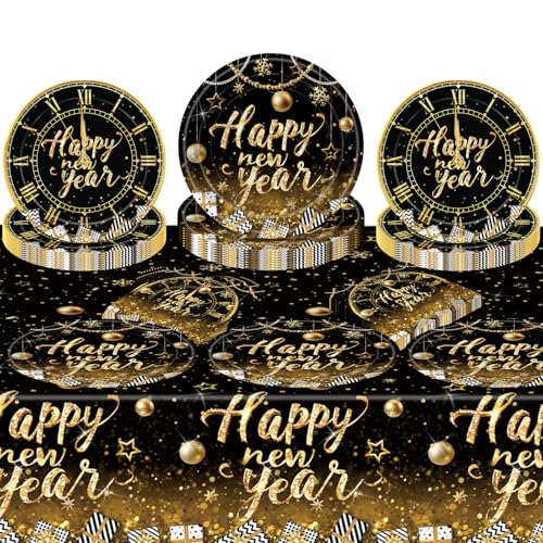 73 Stück Geschirr für Silvester Party 2025, Set Schwarz Gold Pappteller für 24 Personen, Silvester Dekoration, Teller, Servietten, Tischdecken von Suffolly