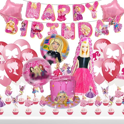 Suffolly 49 Pcs Partygeschirr Geburtstag Prinzessin Partygeschirr Geburtstag Deko Party Geschirr Set Kindergeburtstag mit Banner, Luftballons, Cupcake Toppers von Suffolly