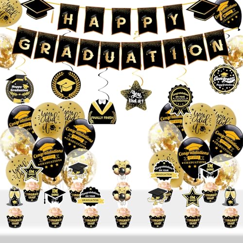 Suffolly Abschlussdekorationen Abschlussbanner und Luftballon 37pcs Schwarz Gold Graduation Party Dekorationen Happy Graduation Foto Requisiten Graduation Party Supplies für Abschlussfeier (Set A) von Suffolly