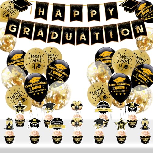 Suffolly Abschlussdekorationen Abschlussbanner und Luftballon 37pcs Schwarz Gold Graduation Party Dekorationen Happy Graduation Foto Requisiten Graduation Party Supplies für Abschlussfeier (Set B) von Suffolly