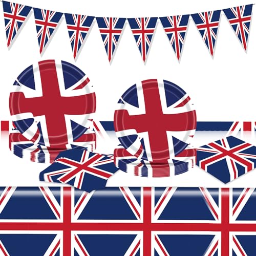 Suffolly Partyzubehör-Set mit Union Jack, King Charles Wimpelkette, 54-teiliges Teller-Set für 16 Personen, inklusive dreieckigen Flaggen, Papierservietten, Tischdecken und Tellern usw., von Suffolly