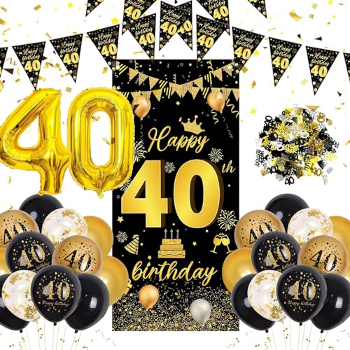 Suffolly Schwarze und goldene Geburtstagsdekorationen, 40, 50, 60. Geburtstag, Partyzubehör, inklusive Banner, Zahlenballon, Hintergrund, Ballon, Krümel (40. Geburtstag) von Suffolly