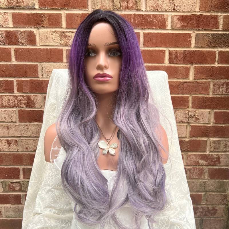 Lange Ash Lila/Grau Medium Split Natürliche Wavy Ombre Perücken Hitze Beständige Perücke Cosplay Party Bunte Styled von SugarFashionDesign