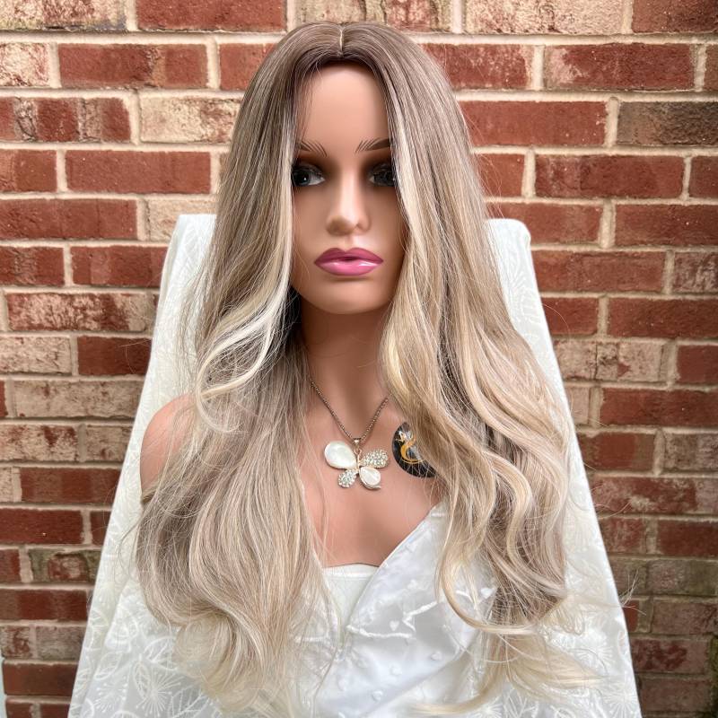 Lange Dark Root Platinum Blonde Natürliche Wavy Ombré Perücke/Natural Look Hair Hitzebeständige Fashion Gestylte von SugarFashionDesign