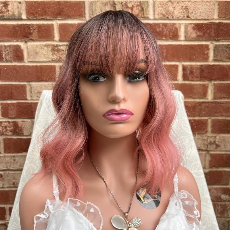 Schulterlange Dusty Rose Pink Natürliche Welle Ombré Bob Perücke Mit Air Pony Für Frau/Hitzebeständige Natürlich Aussehendes Haar Weihnachten von SugarFashionDesign