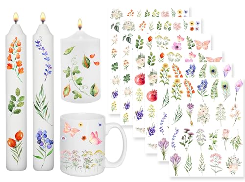 Sugeru 6 PCS Kerzentattoo (200+ Muster),Wassertransferdruck |wasserschiebefolie kerzen | Kerzenfolie | kerzenaufkleber sticker | Kerzen dekorieren | Sprüche,Happy Birthday (Aquarell Blumen I) von Sugeru