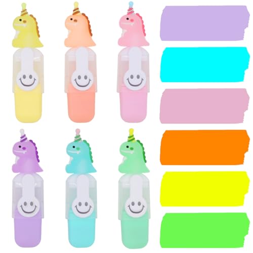 Sugeru® 6pcs mini Textmarker set mit Cartoon Stiftkappe Marker,Leuchtstifte,Kawaii Schulsachen,Textmarker Klein Kinder,Highlighter Pen,Schulzubehör,Lustige Glitzer Stifte Mädchen Junge (Dino) von Sugeru