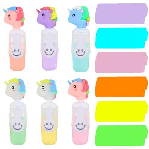 Sugeru® 6pcs mini Textmarker set mit Cartoon Stiftkappe Marker,Leuchtstifte,Kawaii Schulsachen,Textmarker Klein Kinder,Highlighter Pen,Schulzubehör,Lustige Glitzer Stifte Mädchen Junge (Einhorn) von Sugeru