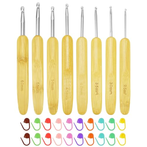 Sugeru®8pcs Häkelnadel Set mit 20pcs Maschenmarkierer,2.5-6.0mm Häkelset für Anfänger,Buchenholzgriff und Glatte Hakenkopf,Ergonomische Leichtes Und Bequemes Häkelwerkzeug für Stricken, DIY (Holz8pcs) von Sugeru