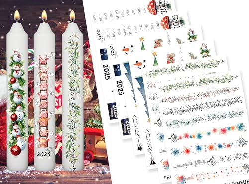 Sugeru 6 PCS Kerzentattoos Weihnachten (200+ Muster) - DIN A5,Wassertransferdruck | DIY asserschiebefolie Kerzenfolie | Kerzenaufkleber Weihnachts Sticker | Deko,Ostern,Adventskerze (Countdown I) von Sugeru