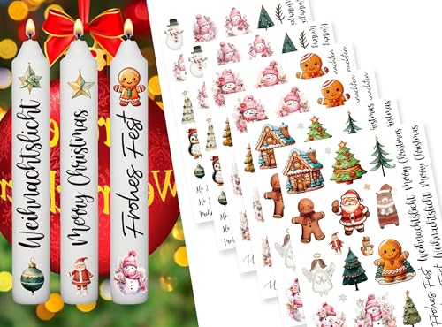 Sugeru 6 PCS Kerzentattoos Weihnachten (200+ Muster) - DIN A5,Wassertransferdruck | DIY asserschiebefolie Kerzenfolie | Kerzenaufkleber Weihnachts Sticker | Deko,Ostern,Adventskerze (Weihnachten V) von Sugeru