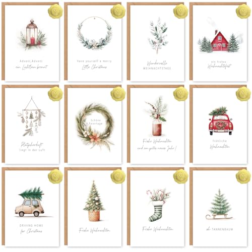 Sugeru Weihnachtskarten mit Umschlag Set 12 Stück - A6 Weihnachtskarten mit Aufklebern - Klappkarten Weihnachtskarte - Weihnachtskarten Set mit leeren Innenseiten - Weihnachtsillustration Grußkarten von Sugeru