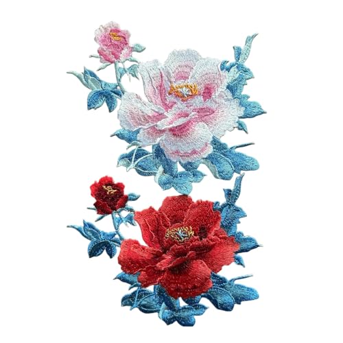 2 Stück rosa rote Blumen-Applikationen, zum Aufnähen oder Aufbügeln, bestickte Blumenaufnäher für DIY-Kleidung, Jeans, Näharbeiten von SuiGlory