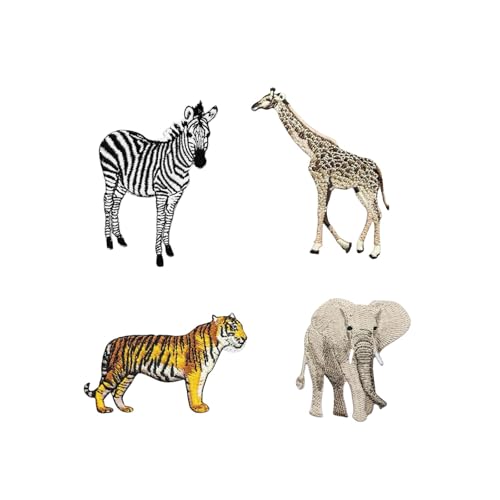 4 Stück niedliche Tier-Aufnäher, zum Aufnähen oder Aufbügeln auf Zebra-Tiger-Elefanten-Giraffen-Aufnäher für Jacken, Hüte, Rucksack, Jeans, Kleidung, Schuhe, DIY Patches von SuiGlory