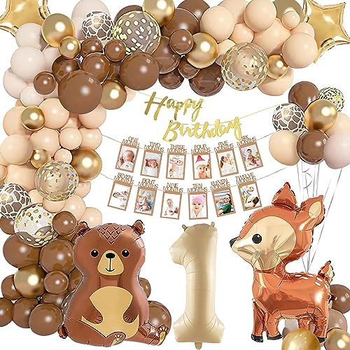 71 Stück Deko 1. Geburtstag Junge Deko 1. Geburtstag Mädchen Erster Geburtstag Mädchen Geburtstagsdeko 1 Geburtstag mit Bär Rehkitz Dschungel Ballon Dekoration Beige Kaffee Braun von Suitedget