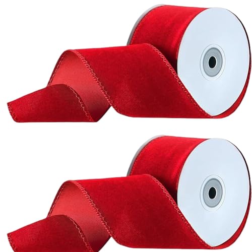 Velvet Ribbon, Packaging Ribbon, Ribbon Rolls, Christmas Velvet Ribbon, RedVelvet Ribbon, 2 Rolls Ribbon Luxurious Velvet Material Generous Roll Size for Giftt Wrapping, Bouquets Bundling von Sulxyi