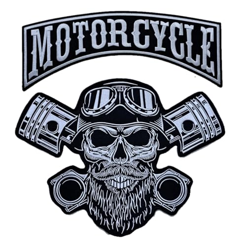 2 bestickte Patches Biker "Motorcycle" + Punck Skull XXL Aufnäher zum Aufbügeln für Weste und Motorradwesten, zum Dekorieren von Motorradjacken, bestickte Kleidung Zubehör, DIY von Suma Shop