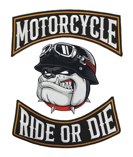 2er Set bestickte Aufnäher Biker "Motorcycle | Ride Or Die " + Bulldog Patches zum Aufbügeln für Weste und Motorradwesten, Iron-On zum Dekorieren von Motorradjacken, Stickerei auf Kleidungszubehör, von Suma Shop