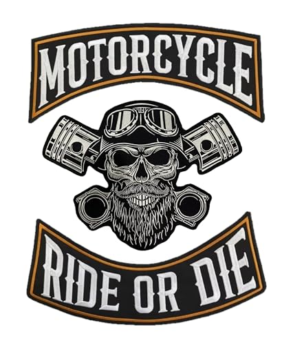 2er-Set bestickte Aufnäher Biker "Motorcycle | Ride Or Die " + Punck Skull XXL Aufnäher zum Aufbügeln für Westen und Motorradjacken zum Dekorieren von Motorradjacken, Stickerei auf Kleidung Zubehör, von Suma Shop