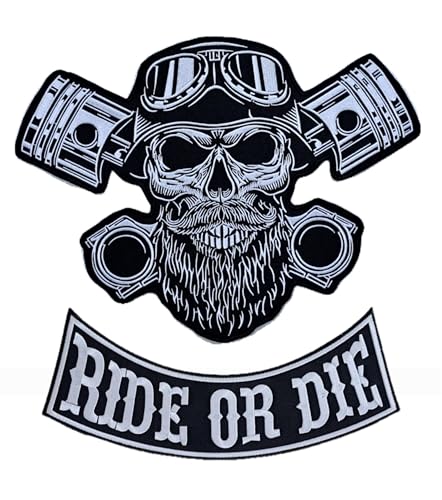 2er-Set bestickte Aufnäher Biker "Ride Ordie" + Punck Skull XXL Aufnäher zum Aufbügeln für Westen und Motorradjacken zum Dekorieren von Motorradjacken, Stickerei auf DIY-Zubehör. (Set Schädel unten) von Suma Shop